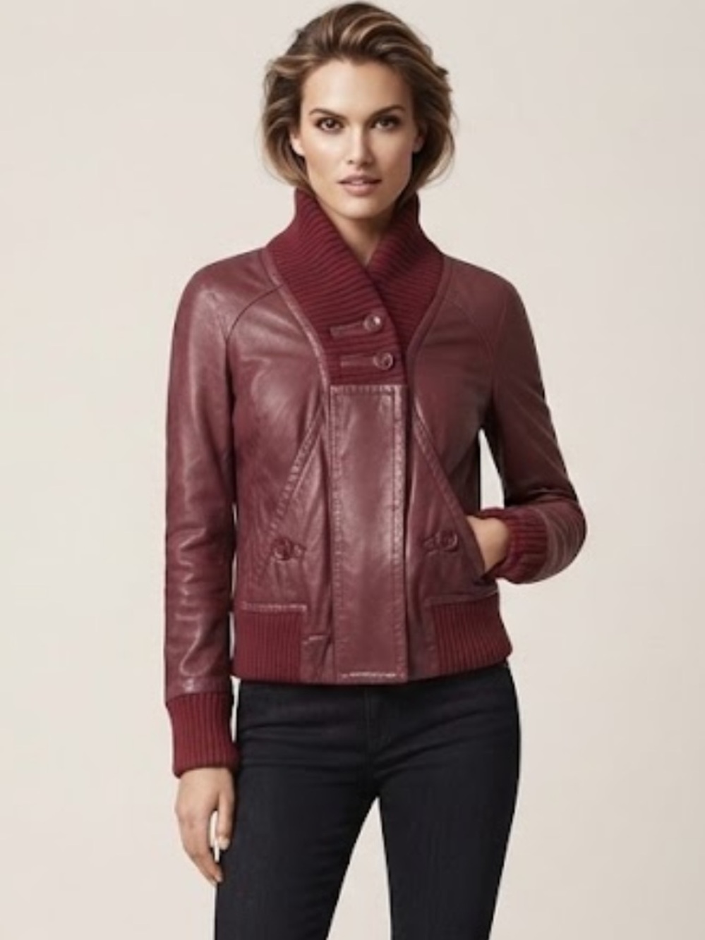 Escada Sport Burgundy Red Lambs Leather Bomber Jacket